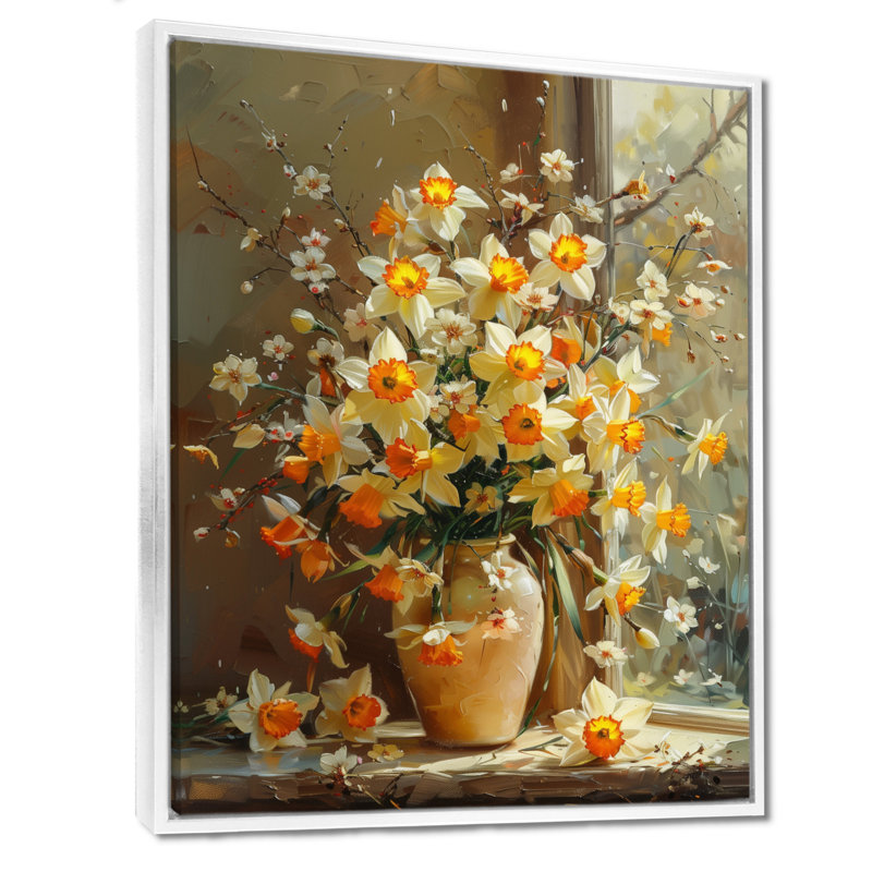 Jaune et blanc, charme féminin, jonquilles - décoration murale jonquilles, Cadre flottant blanc, H 34 po x l 44 po