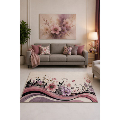 Tapis ultra-léger 152 x 213 cm à motif floral rose et violet ondulé, idéal pour le salon, la chambre à coucher et le bureau à domicile. Tapis doux à poils courts avec envers antidérapant en silicone.