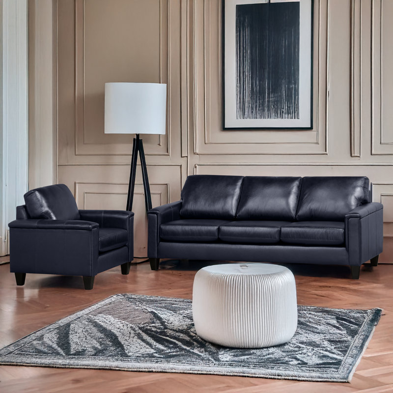 Ensemble de salon en cuir véritable Deboer, Cuir synthétique ardoise, 2 Pieces: Sofa, Chair