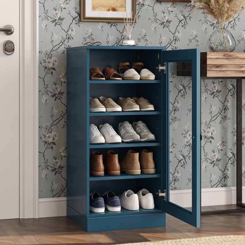 Armoire de rangement à chaussures 100% en bois massif à porte étroite en verre avec tablettes réglables, rangement empilable peu encombrant, l 16,5 po x H 35,75 po