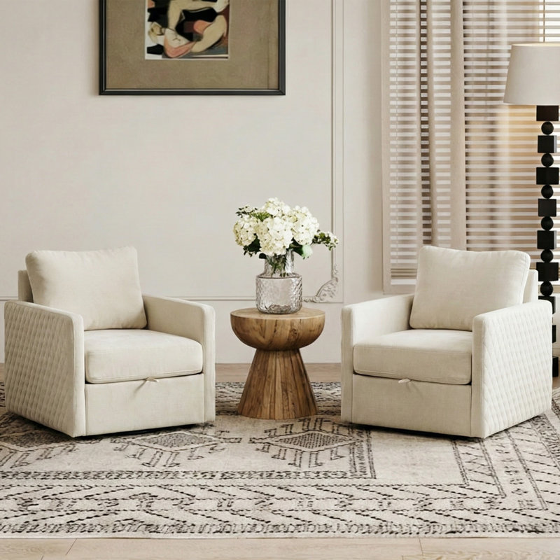 Fauteuil demi-tonneau pivotant capitonné en chenille avec rangement caché (ensemble de 2), Beige