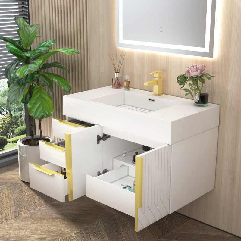 Meuble-lavabo flottant avec lavabo en acrylique renforcé blanc brillant Milana, 36"