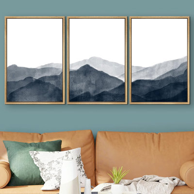 "Minimal Landscape IDEA4WALL", impression sur toile encadrée, montagnes bleues et grises dans le brouillard, nature sauvage, illustrations, art moderne, paysage rustique, détente / calme, salon, chambre à coucher, bureau, impression sur toile, 3 pièce
