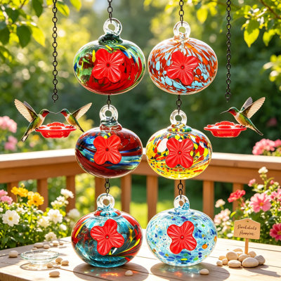 Mangeoire à colibri en verre soufflé à la main pour l'extérieur, ensemble de six petites boules suspendues nourrissant des oiseaux avec brosse et injecteur pour un remplissage facile, décoration de jardin