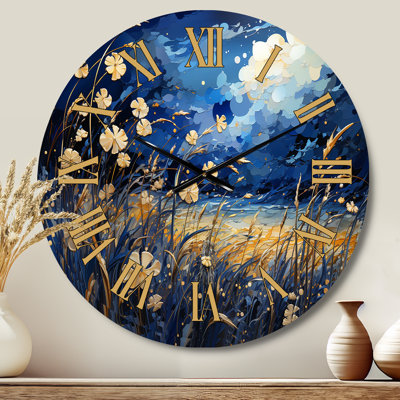 Navy Blue Poppies Field - Meadow Golden Face Wall Clock