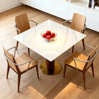 Petite table de salle à manger moderne 33,5 "avec base en bois d'hévéa massif Boomerang, plateau en pierre frittée, carrés, appartement, coin cuisine et table basse pour 2 à 4 personnes 