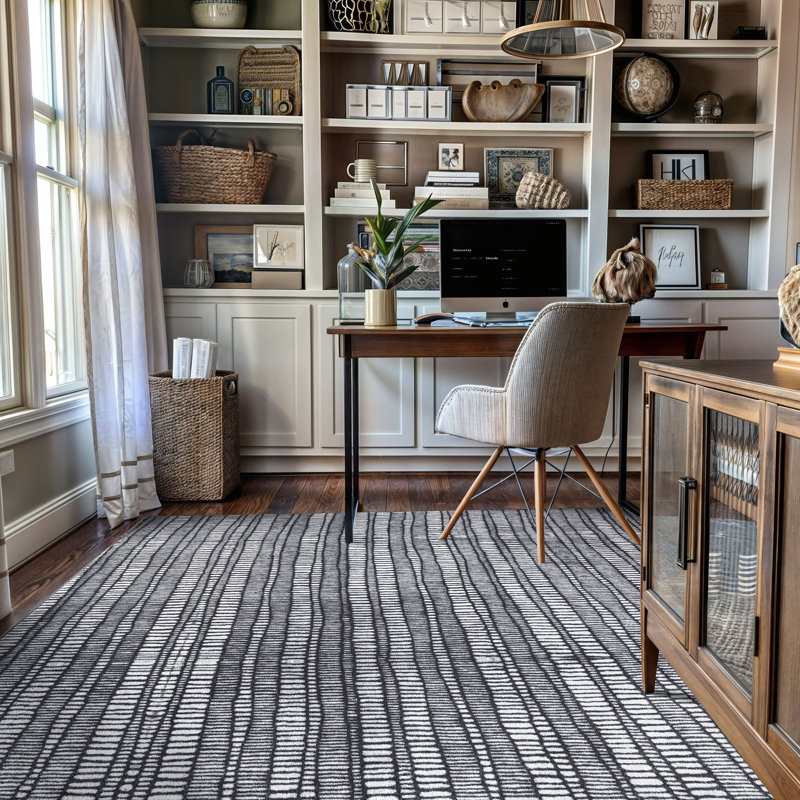 Tapis d'intérieur antidérapant à rayures anthracite, lavable à la machine, 5 pi x 7 pi