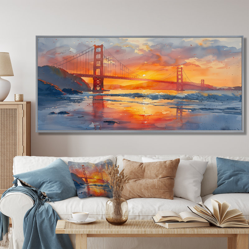 Art mural jaune jaune rouge Golden Gate, Toile argentée avec cadre flottant, H 28 po x l 60 po x P 1,5 po