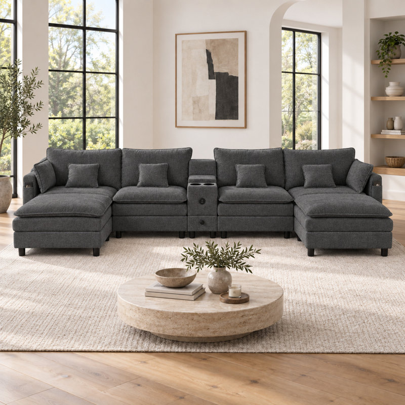 Canapé modulaire modulaire en L avec méridienne réversible, port USB, tiroir de rangement, console avec porte-gobelet rabattable, poches pour accoudoirs et coussins amovibles - gris foncé