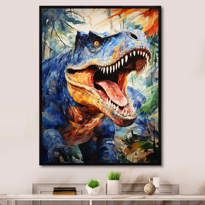 «Colorful Roaring Trex Dinosaur II», art mural dinosaure, Cadre flottant noir, H 40 po x l 30 po x P 1,5 po