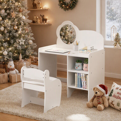 Ensemble de coiffeuse et de chaise pour enfants, coiffeuse pour tout-petits avec miroir en nuage et tablettes de rangement, bureau de maquillage pour enfants en bois pour salle de jeux, chambre à coucher, jeu de fantaisie