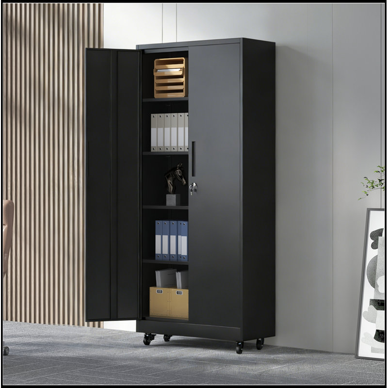 Armoire de rangement en métal avec roulettes, serrure et 4 tablettes réglables