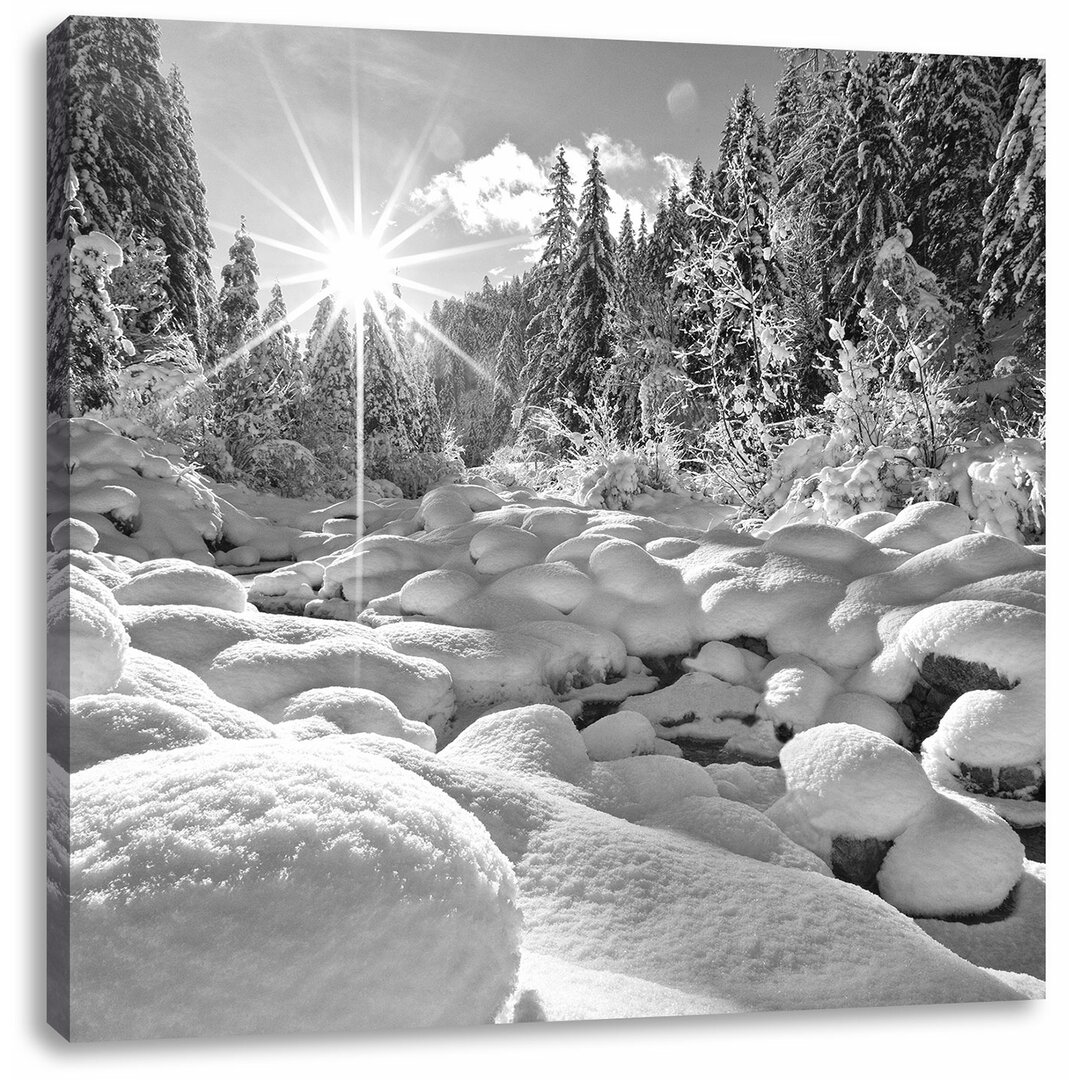 Leinwandbild Sonnenstrahlen im schneebedeckten Wald