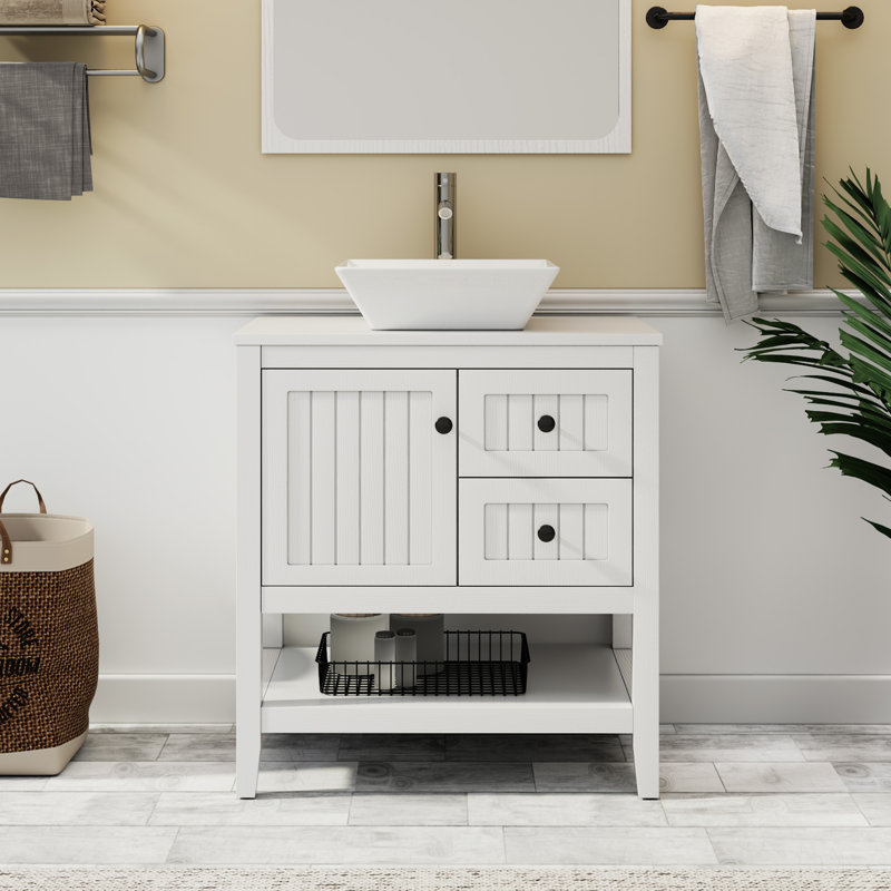 Ensemble de meuble-lavabo simple 30 po avec lavabo vasque, robinet et drain Sharee, assemblage requis, Blanc