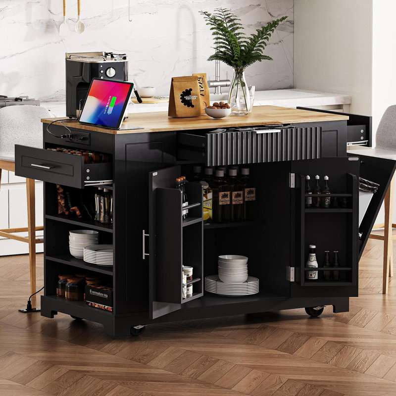 Îlot de cuisine cannelé avec armoire de rangement pour poubelle, prise de courant, support de rangement interne, îlots de cuisine roulants sur 5 roues avec 3 tiroirs, 3 supports latéraux ouverts pour poubelle de 10 gallons, noir