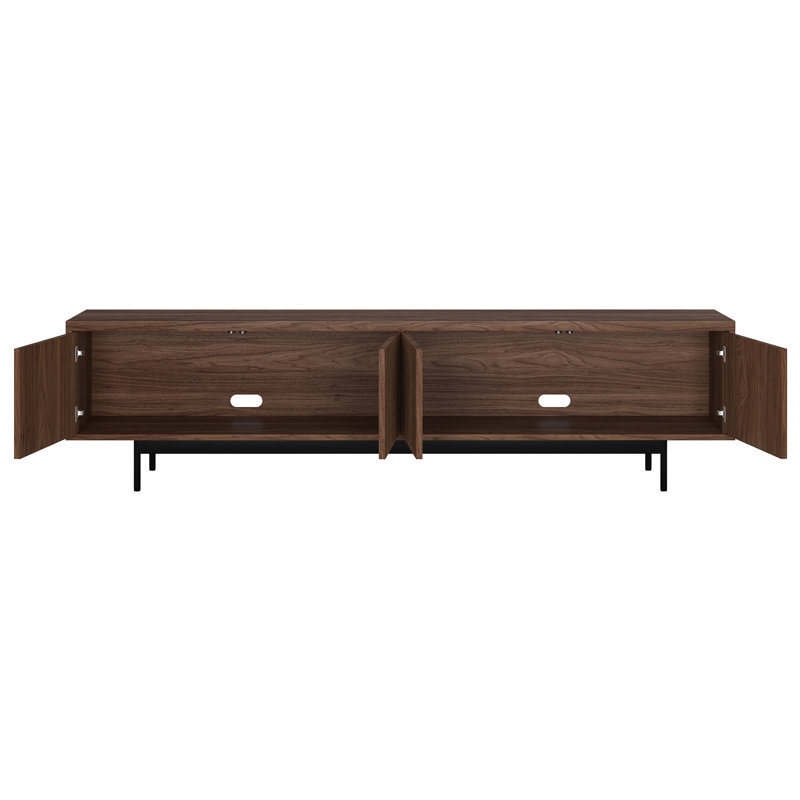 Meuble télé 75 po pour téléviseur de 85 po ou moins avec portes cannelées, rangement et gestion des câbles - Console média Mid-Century moderne en noyer satiné pour le salon | Whitman