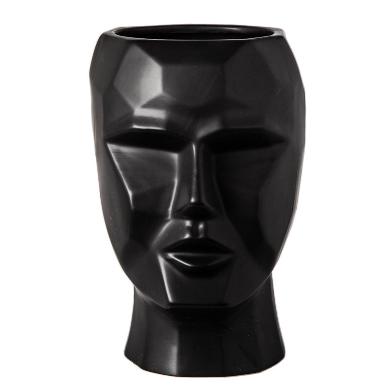 Ceramic Round Pixelated Man's Head Pot Matte Finish Black, Black
