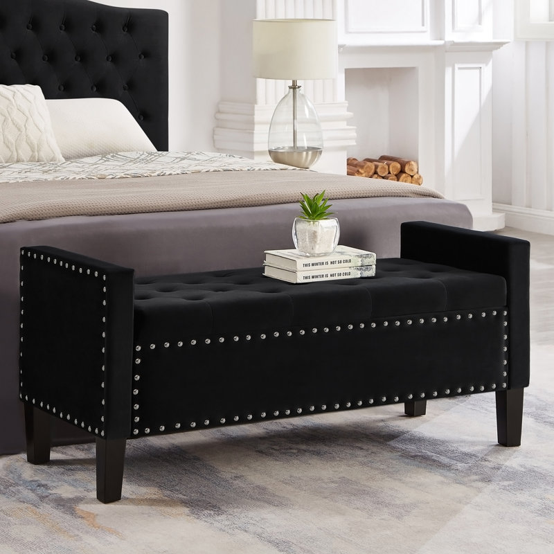 Banc rembourré capitonné avec rangement à boutons et garniture cloutée, siège rembourré pour salon, Black, Black