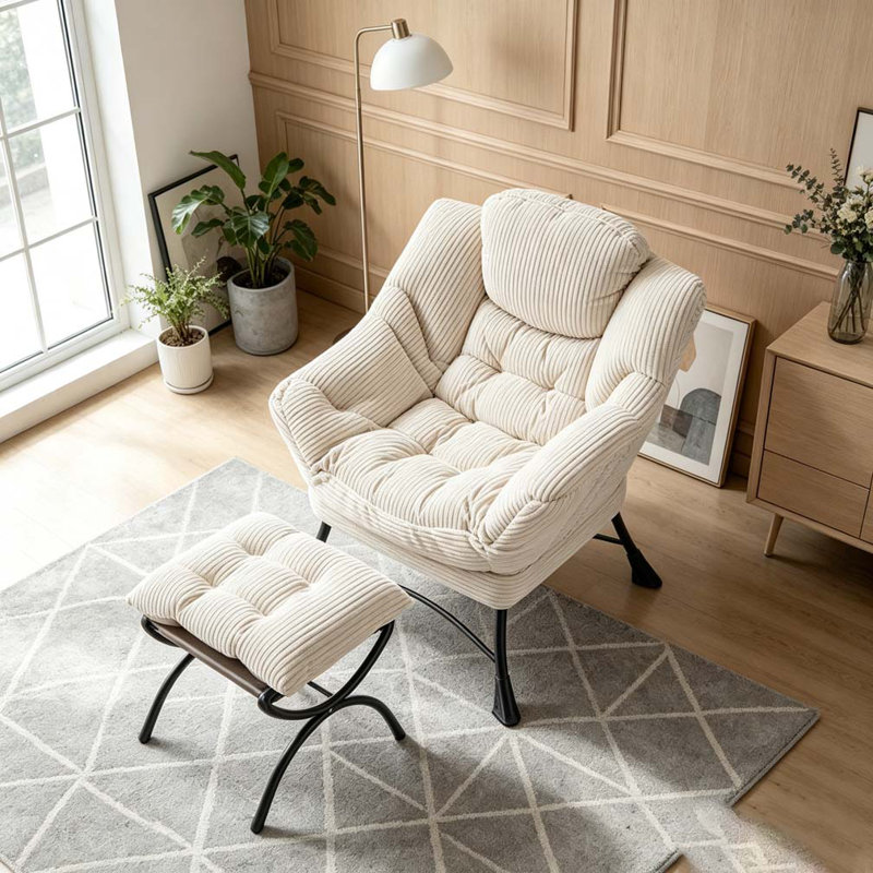 Fauteuil Lazy avec repose-pieds, fauteuil d'appoint moderne avec accoudoirs et poche latérale, White