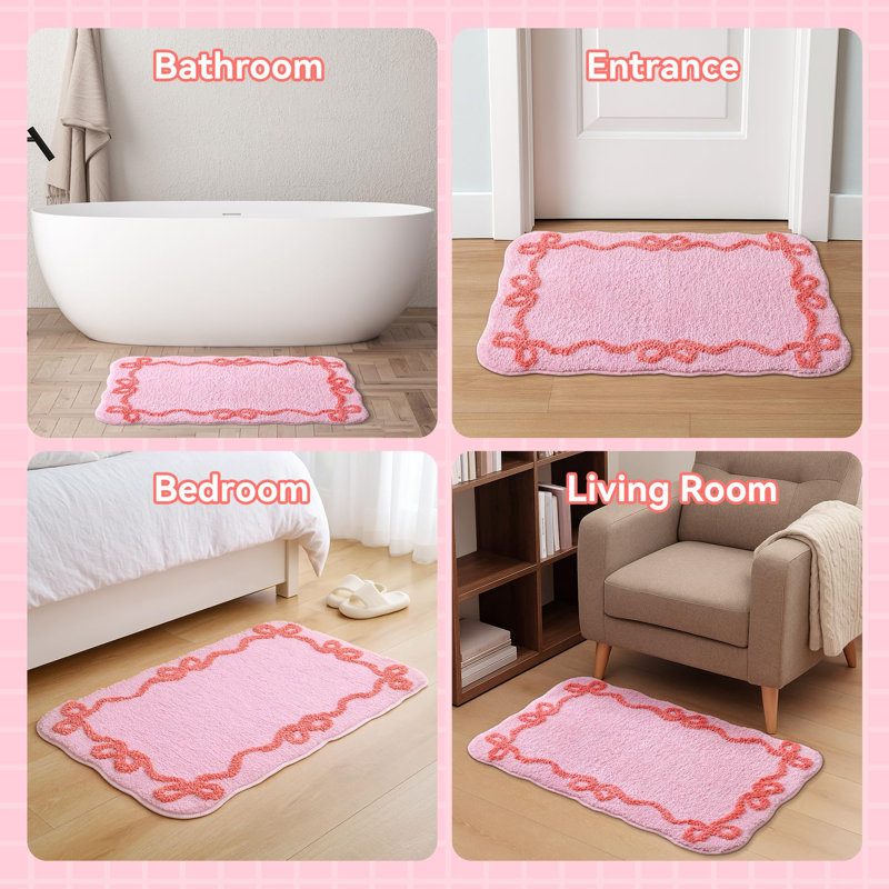  Tapis de bain rose festonné - Tapis de salle de bain mignon à petits nœuds antidérapants, tapis de bain doux et absorbants pour salle de bain, baignoire, plancher de meuble-lavabo (31 po x 20 po)
