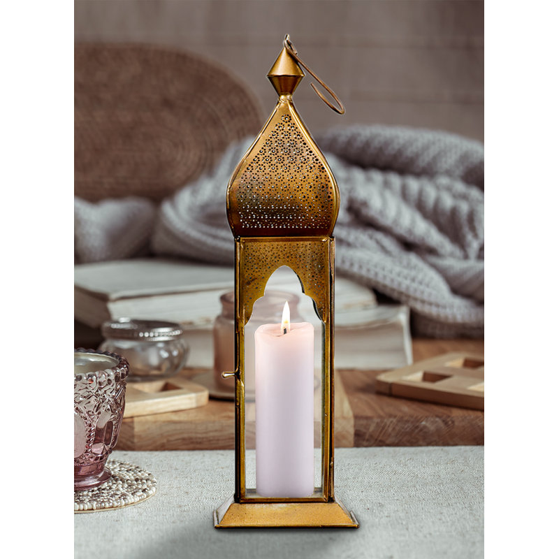 Lanterne carrée en bronze doré antique Bungalow Rose, porte-bougie à panneaux en verre transparent, lanterne décorative rétro pour table de salle à manger, mariage, fête, événement, mesure 3 po de diamètre * 16 po de hauteur