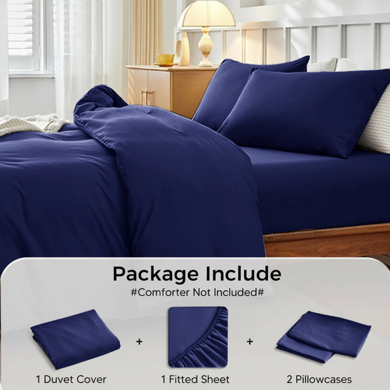Microfiber 250 TC Reversible 4 piece Plain Duvet Cover Set with Pillowcases, Single Duvet Cover + 3 Additional Pieces, Navy