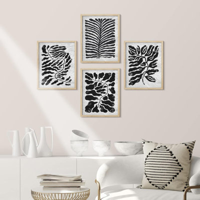 " Black & Gray Forest Plant Botanical Collage Set Of 4 Floral Wall Decor Framed Prints " 4 - Pieces
