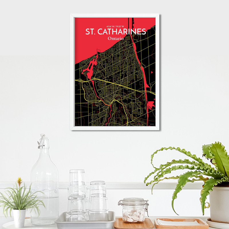St. Catharines City Map, impression, Noir / rouge / jaune, H 24 po x l 18 po