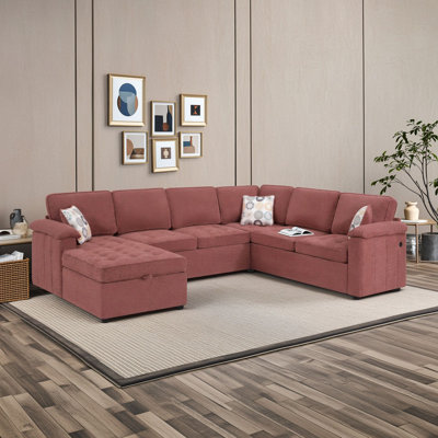 Canapé d'angle 5 places en chenille en forme de U avec méridienne de rangement dissimulée, deux ports de chargement USB, coussins capitonnés et trois coussins décoratifs