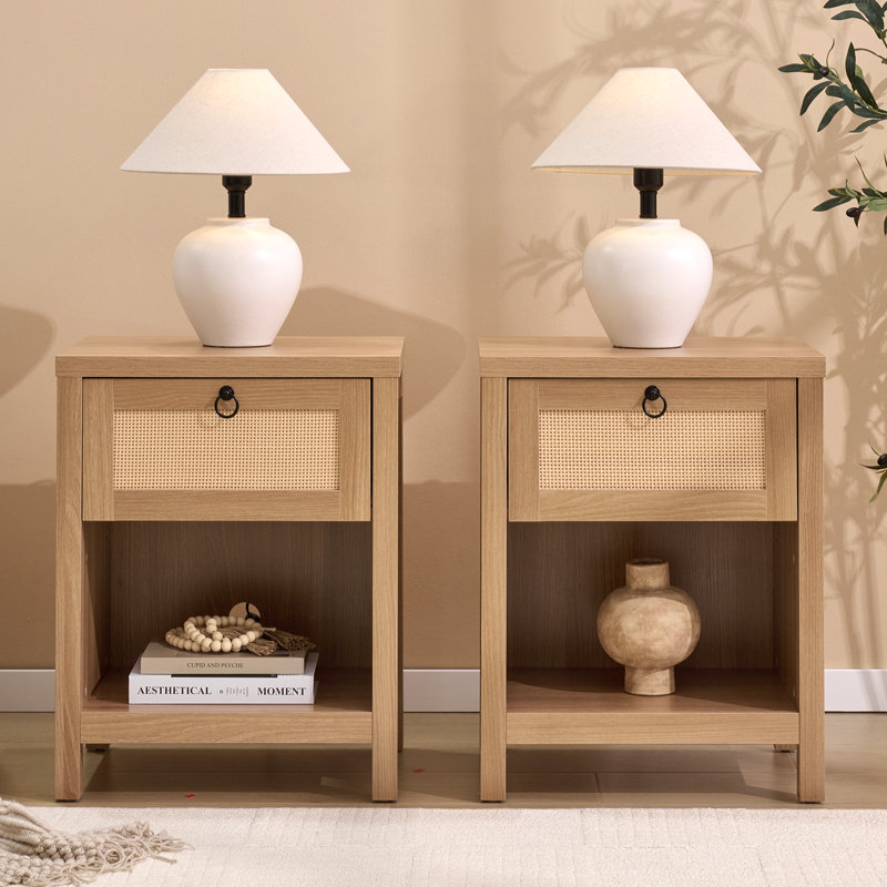 Set Of 2 Farmhouse Rattan Nightstands, Boho Bedside Tables With Drawer And Open Storage, Cane Accent Side Tables, OAK, Oak