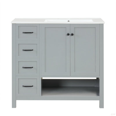 Meuble-lavabo 36 po avec comptoir d'évier, meuble-lavabo avec deux portes et deux tiroirs, bois massif, tablette ouverte, panneaux de fibres à densité moyenne, un paquet