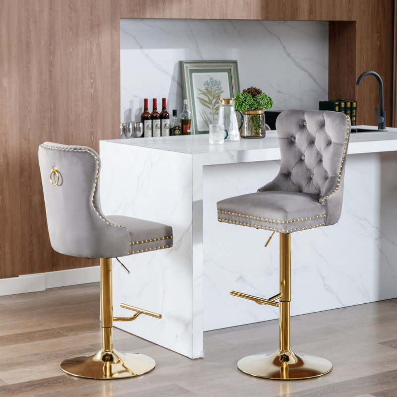 Tabourets de bar pivotants en velours, 2, Doré, Gris