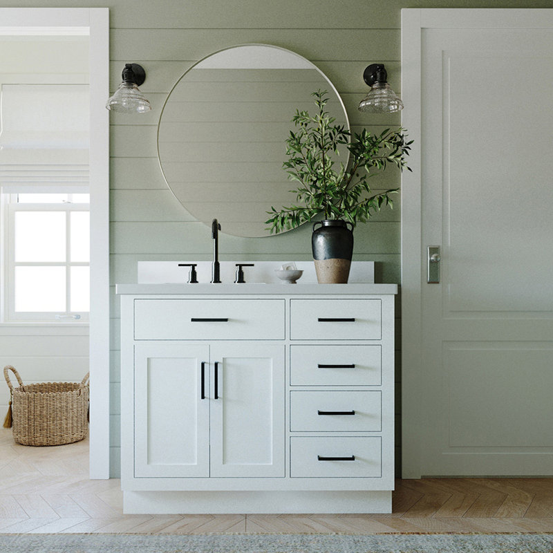 Tidworth 42'' Solid Wood Single Bathroom Vanity with 1.5'' Quartz Top, White, Left, Rectangular