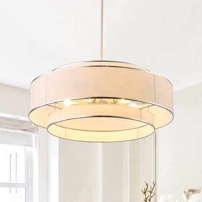 6-Light White Metal & Fabric Drum Chandelier - Adjustable, Dimmable ETL-Certified for Dining Room, Entryway