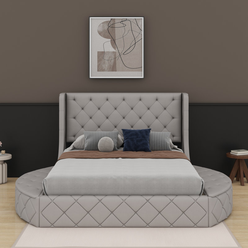 Lit plateforme tapissier en velours avec tête de lit à oreilles, 1 tiroir et 2 tabourets de rangement latéraux, Gris