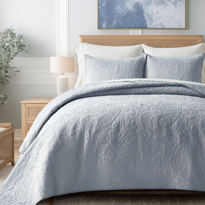 Paisley 100% Cotton Quilt Set 3 Pieces, Pearl Blue, King Quilt + 2 King Shams