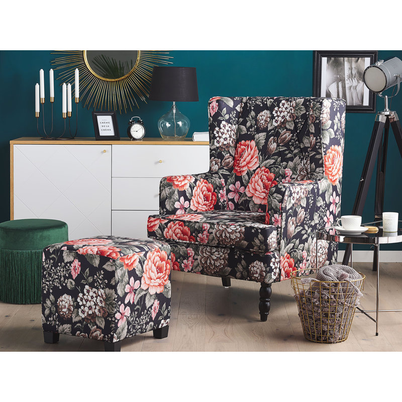 Richburg Upholstered Wingback Chair with Footstool, Floral Pattern