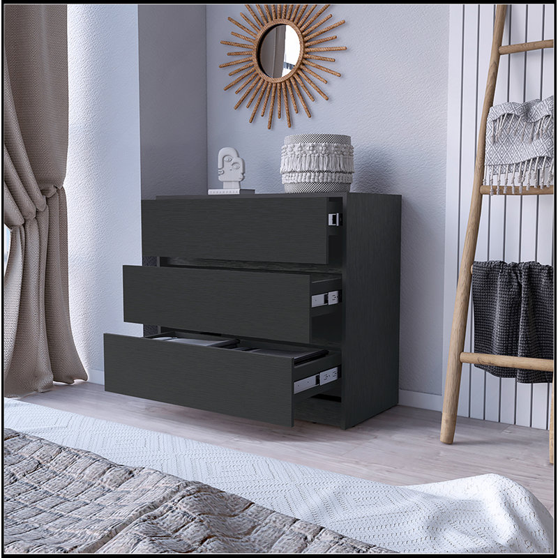 Commode Maldus, trois tiroirs, finition wengé noir, Noir