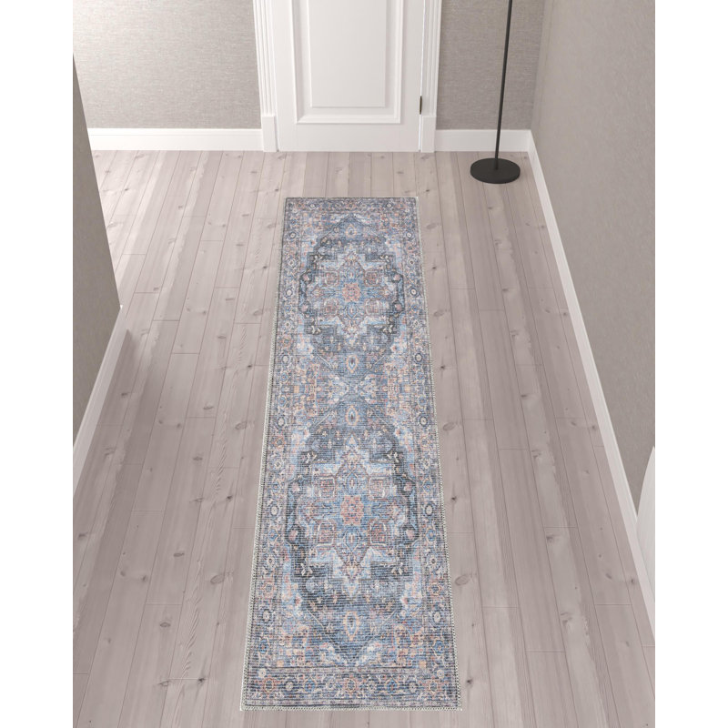 Medallion Machine Washable Polyester Area Rug in Light Blue/Orange/Gray, Runner 2'2" x 10'