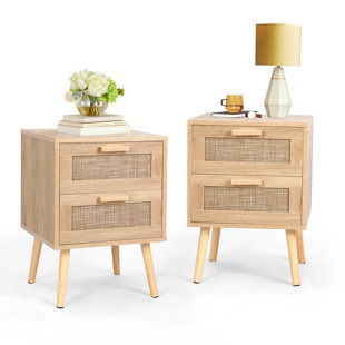 Table de chevet en rotin avec 2 tiroirs de rangement Spurlin