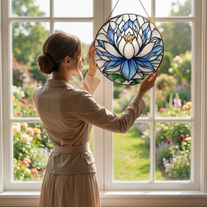12"H Blue Lotus Stained Glass Window Panel, 12" H x 12" W
