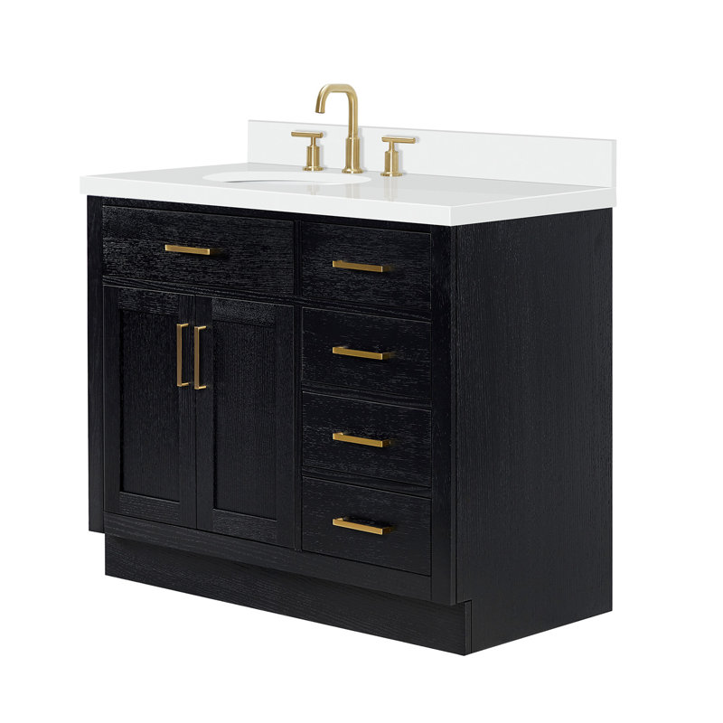 Meuble-lavabo simple en bois massif 42 po Tidworth avec plateau en quartz blanc 1,5 po, Gauche, Ovale, Chêne noir