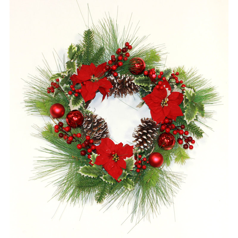 24" Artificial Poinsettia Pine Cone Ball Berries Christmas Wreath on Natural Twig Base