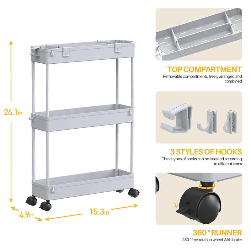 Ultra-Thin Three-Layer Storage Cart For Offices, Kitchens, Laundry Rooms And Narrow Spaces, Grey