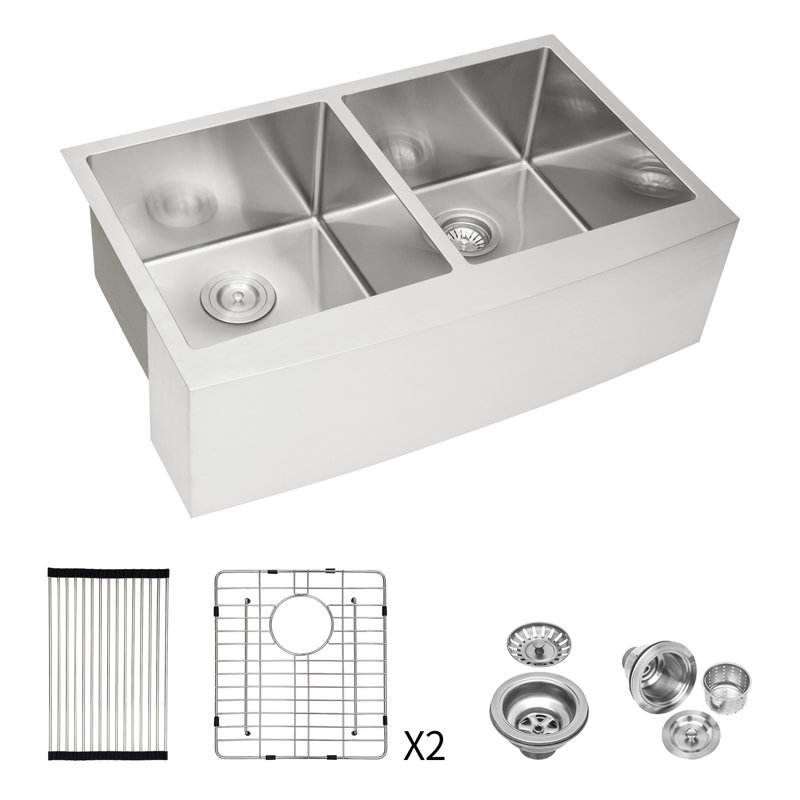 Double Bowl  Farmhouse Sink - 33" X 21" X 10" Stainless Steel Apron Front Kitchen Sink 16 Gauge With Two 10" Deep Basin
