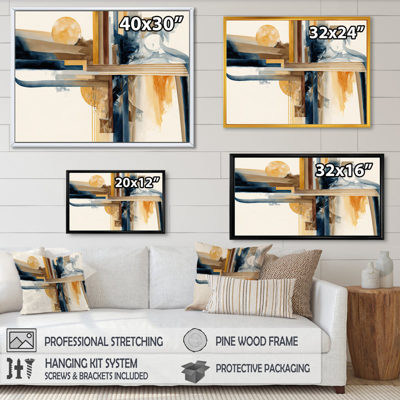 Art moderne moderne sur toile, abstrait III, H 16 po x l 32 po x P 1 po, Toile avec cadre flottant or