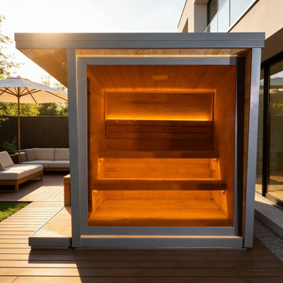 Sansheng® Premium 4-6 Person Traditional Steam Square Outdoor Sauna With Tempered Brown Tinted Glass, Carbonized Spruce Wood Construction, Aluminum Alloy Roof And Side Paneling