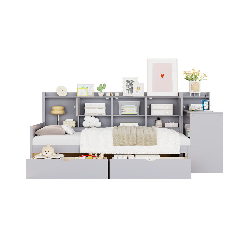Lit de jour gris avec 3 armoires de rangement, 2 tiroirs, bureau réglable et bibliothèque - idéal pour le bureau ou l'espace invité