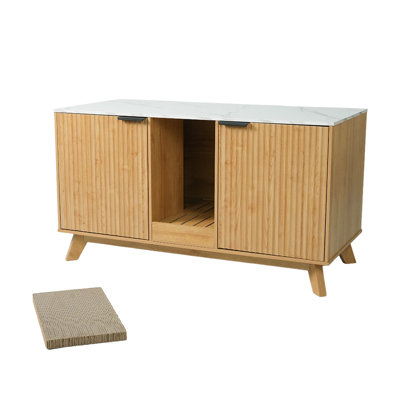 Enceinte de litière pour chat 47 "avec bac à litière intégré, griffoir pour chat, meubles cachés pour litière, table d'appoint, table de bout pour le salon et la chambre à coucher