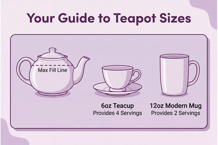 teapot size diagram with a 6 ounce teacup and a 12 ounce modern mug